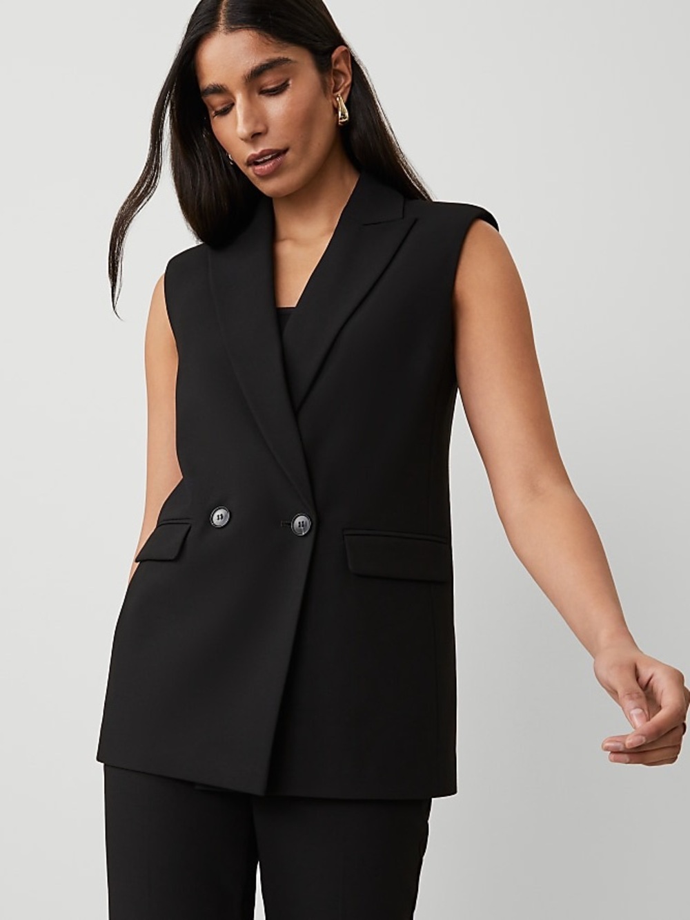Ann Taylor The Double Breasted Vest in Bi-Stretct Sleeveless Black Blazer Sz 16‎